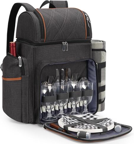 Picnic Backpack for 4,Picnic Basket Set,Leakproof Picnic Bag,Beach Cooler Backpack with Insulated Cooler Wine Pouch,Picnic Blanket, Double Deck Picnic Backpack for Beach,Camping,Park(Navy Blue) in Kuwait