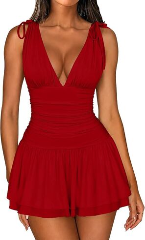 XXTAXN Women's Sexy Sleeveless Tank Deep V Neck Adjudtable Shoulder Tie Ruched Waist Party Vacation A Line Mini Dress in Kuwait