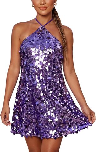 Awoscut Women's Sequin Halter Dress Sleeveless Sexy Backless Sparkly Summer Party Club Going Out Mini Dresses in Saudi Arabia
