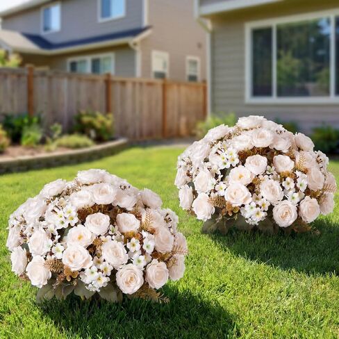 Yunlly 2 Set Artificial Boxwood Topiary Ball Trees with Rose Flowers 19.7'' UV Resistant Faux Greenery Shrubs Bushes with Ground Spike for Wedding Indoor Outdoor Front Porch Decor(White) in Kuwait
