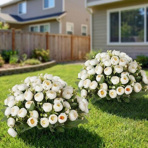 Yunlly 2 Set Artificial Boxwood Topiary Ball Trees with Rose Flowers 19.7'' UV Resistant Faux Greenery Shrubs Bushes with Ground Spike for Wedding Indoor Outdoor Front Porch Decor(White) in Kuwait