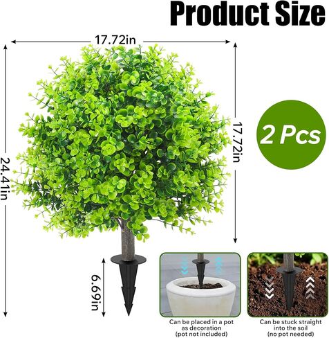 2 حزمة من أشجار الأوكالبتوس الاصطناعية الكروية للأماكن الخارجية، شجيرات صناعية مقاومة للأشعة فوق البنفسجية مع مسامير أرضية، نباتات كرة بوش وهمية للشرفة الأمامية، الفناء، الحديقة، ديكور المنزل الداخلي والخارجي in Kuwait
