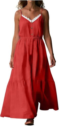 Women's Dresses Summer Lightweight Solid Color Flowy Beach Dress for Vacation Spaghetti Strap Lace Tiered Maxi Dress in Saudi Arabia