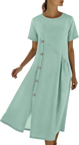 Women's Dresses Summer Lightweight Casual Solid Color Flowy Beach Dress Asymmetrical Button Front Midi Dress in Saudi Arabia