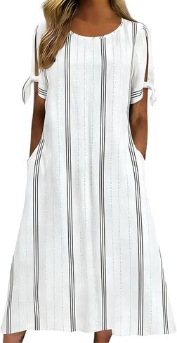 Women's Dresses Summer Striped Lightweight Casual Flowy Beach Dress Short Sleeve Tie Cuff Midi Dress with Pockets in Saudi Arabia