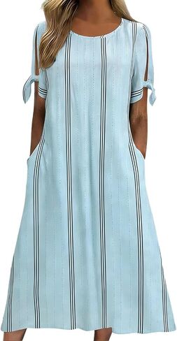 Women's Dresses Summer Striped Lightweight Casual Flowy Beach Dress Short Sleeve Tie Cuff Midi Dress with Pockets in Saudi Arabia