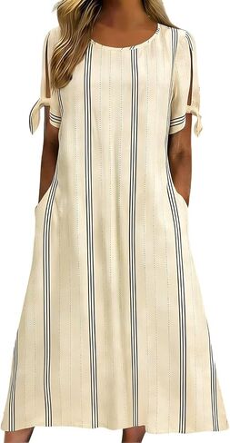 Women's Dresses Summer Striped Lightweight Casual Flowy Beach Dress Short Sleeve Tie Cuff Midi Dress with Pockets in Saudi Arabia