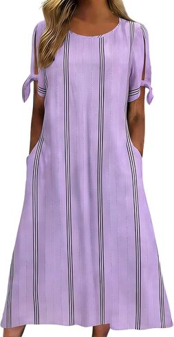Women's Dresses Summer Striped Lightweight Casual Flowy Beach Dress Short Sleeve Tie Cuff Midi Dress with Pockets in Saudi Arabia