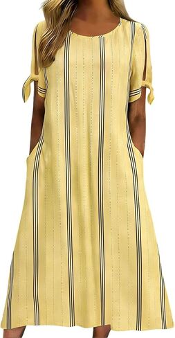 Women's Dresses Summer Striped Lightweight Casual Flowy Beach Dress Short Sleeve Tie Cuff Midi Dress with Pockets in Saudi Arabia