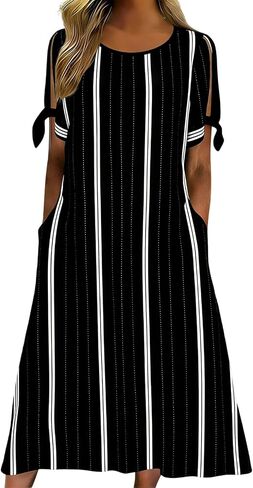Women's Dresses Summer Striped Lightweight Casual Flowy Beach Dress Short Sleeve Tie Cuff Midi Dress with Pockets in Saudi Arabia