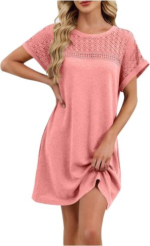 Dresses for Women Summer Lightweight Casual Solid Color Flowy Beach Dress for Vacation Lace Short Sleeve Mini Dress in Saudi Arabia