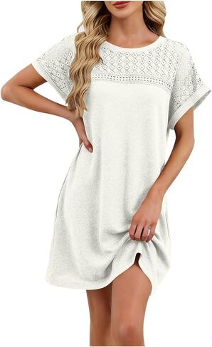 Dresses for Women Summer Lightweight Casual Solid Color Flowy Beach Dress for Vacation Lace Short Sleeve Mini Dress in Saudi Arabia