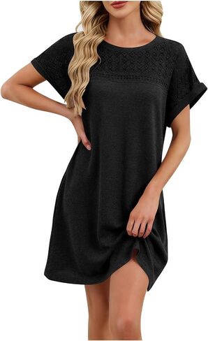 Dresses for Women Summer Lightweight Casual Solid Color Flowy Beach Dress for Vacation Lace Short Sleeve Mini Dress in Saudi Arabia