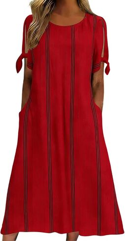 Women's Dresses Summer Striped Lightweight Casual Flowy Beach Dress Short Sleeve Tie Cuff Midi Dress with Pockets in Saudi Arabia