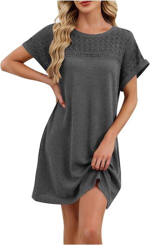 Dresses for Women Summer Lightweight Casual Solid Color Flowy Beach Dress for Vacation Lace Short Sleeve Mini Dress in Saudi Arabia