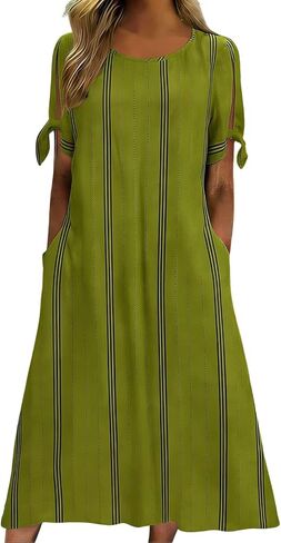 Women's Dresses Summer Striped Lightweight Casual Flowy Beach Dress Short Sleeve Tie Cuff Midi Dress with Pockets in Saudi Arabia