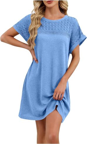 Dresses for Women Summer Lightweight Casual Solid Color Flowy Beach Dress for Vacation Lace Short Sleeve Mini Dress in Saudi Arabia