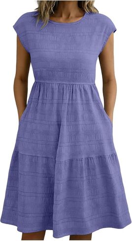 Dresses for Women Summer Lightweight Casual Solid Color Flowy Beach Dress Short Sleeve Midi Dress with Pockets in Saudi Arabia