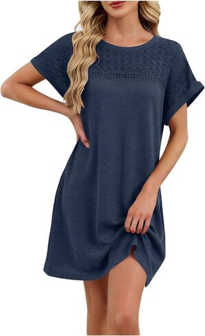 Dresses for Women Summer Lightweight Casual Solid Color Flowy Beach Dress for Vacation Lace Short Sleeve Mini Dress in Saudi Arabia