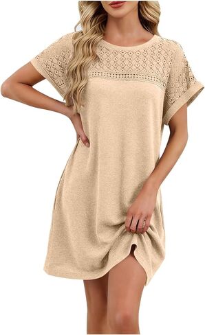 Dresses for Women Summer Lightweight Casual Solid Color Flowy Beach Dress for Vacation Lace Short Sleeve Mini Dress in Saudi Arabia