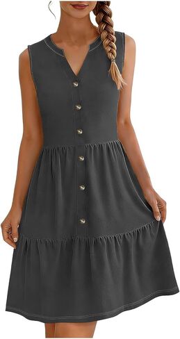 Women's Dresses Summer Casual Solid Color Flowy Beach Dress for Vacation Sleeveless Button Front Tiered Mini Dress in Saudi Arabia
