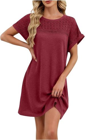 Dresses for Women Summer Lightweight Casual Solid Color Flowy Beach Dress for Vacation Lace Short Sleeve Mini Dress in Saudi Arabia