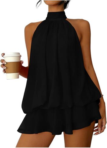Womens Dress Summer Neck Double Layered Mini Dress for Vacation Holiday Lightweight Solid Color Flowy Beach Dresses in Saudi Arabia