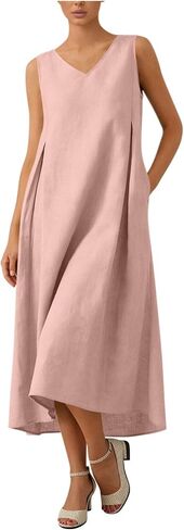 Women's Dresses Summer Lightweight Casual Solid Color Loose Beach Dress V Neck Sleeveless Midi Dress with Pockets in Saudi Arabia
