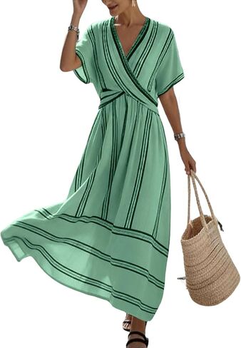 Womens Dress Summer for Vacation Striped V Neck Short Sleeve Maxi Dress Lightweight Casual Flowy Beach Dresses in Saudi Arabia