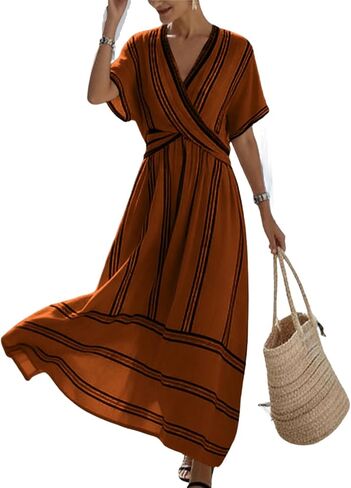 Womens Dress Summer for Vacation Striped V Neck Short Sleeve Maxi Dress Lightweight Casual Flowy Beach Dresses in Saudi Arabia