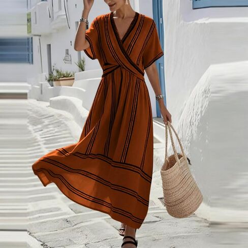 Womens Dress Summer for Vacation Striped V Neck Short Sleeve Maxi Dress Lightweight Casual Flowy Beach Dresses in Saudi Arabia
