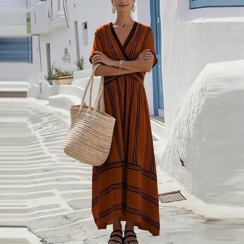 Womens Dress Summer for Vacation Striped V Neck Short Sleeve Maxi Dress Lightweight Casual Flowy Beach Dresses in Saudi Arabia