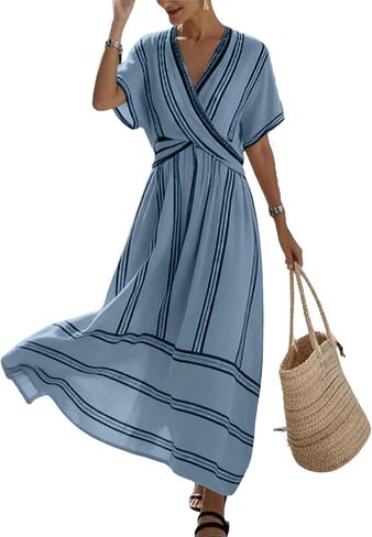 Womens Dress Summer for Vacation Striped V Neck Short Sleeve Maxi Dress Lightweight Casual Flowy Beach Dresses in Saudi Arabia