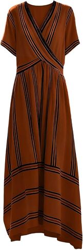 Womens Dress Summer for Vacation Striped V Neck Short Sleeve Maxi Dress Lightweight Casual Flowy Beach Dresses in Saudi Arabia