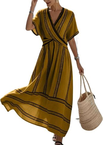 Womens Dress Summer for Vacation Striped V Neck Short Sleeve Maxi Dress Lightweight Casual Flowy Beach Dresses in Saudi Arabia