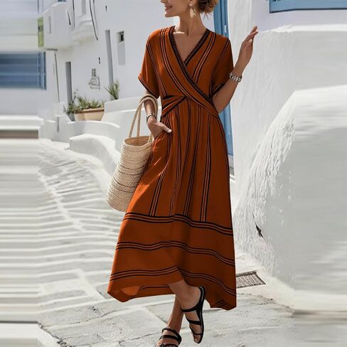 Womens Dress Summer for Vacation Striped V Neck Short Sleeve Maxi Dress Lightweight Casual Flowy Beach Dresses in Saudi Arabia