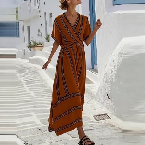 Womens Dress Summer for Vacation Striped V Neck Short Sleeve Maxi Dress Lightweight Casual Flowy Beach Dresses in Saudi Arabia