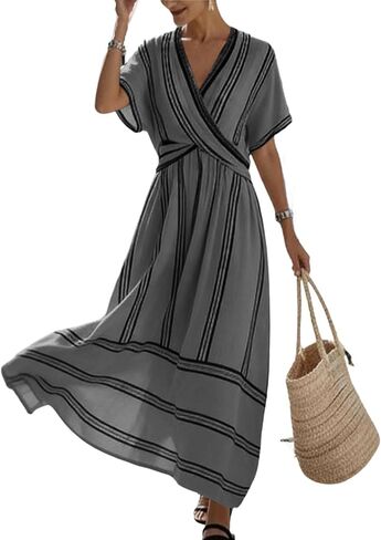 Womens Dress Summer for Vacation Striped V Neck Short Sleeve Maxi Dress Lightweight Casual Flowy Beach Dresses in Saudi Arabia
