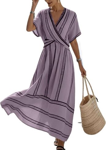 Womens Dress Summer for Vacation Striped V Neck Short Sleeve Maxi Dress Lightweight Casual Flowy Beach Dresses in Saudi Arabia