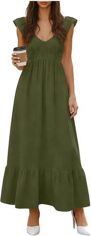 Dresses for Women Summer Lightweight Casual Solid Color Flowy Beach Dress Ruffle Sleeve Smocked Tiered Maxi Dress in Saudi Arabia