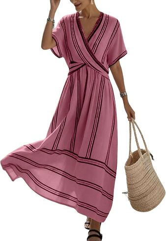 Womens Dress Summer for Vacation Striped V Neck Short Sleeve Maxi Dress Lightweight Casual Flowy Beach Dresses in Saudi Arabia