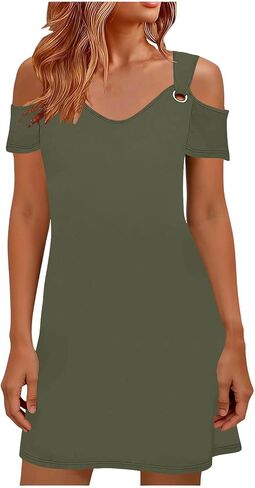 Dresses for Women Summer Lightweight Casual Solid Color Flowy Beach Dress Cold Shoulder Short Sleeve Mini Dress in Saudi Arabia