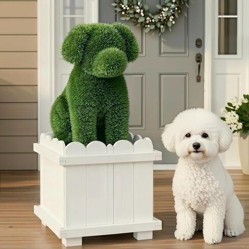 34.6" Handcrafted Artificial Dog Topiary with White Planter - Faux Boxwood Sculpture for Front Porch, Patio & Entryway Decor, UV-Resistant, No Maintenance, Outdoor (2-Pack) in Saudi Arabia
