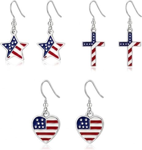 3 Pairs 4th of July Patriotic Earrings Set for Women Heart Star Cross American Flag Dangle Earrings, Red White Blue USA Themed Jewelry Gifts for Independence Day Veterans Day in Saudi Arabia