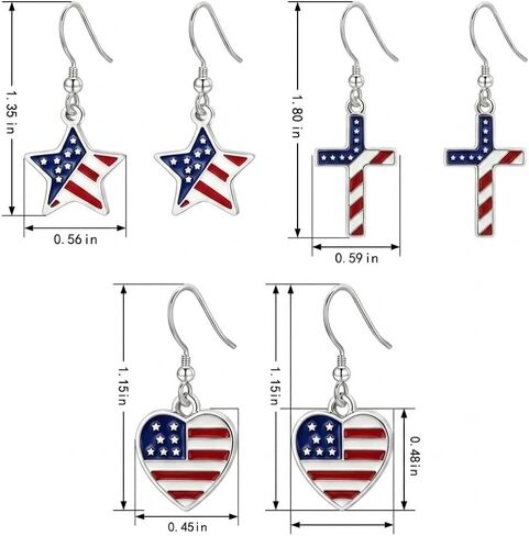 3 Pairs 4th of July Patriotic Earrings Set for Women Heart Star Cross American Flag Dangle Earrings, Red White Blue USA Themed Jewelry Gifts for Independence Day Veterans Day in Saudi Arabia