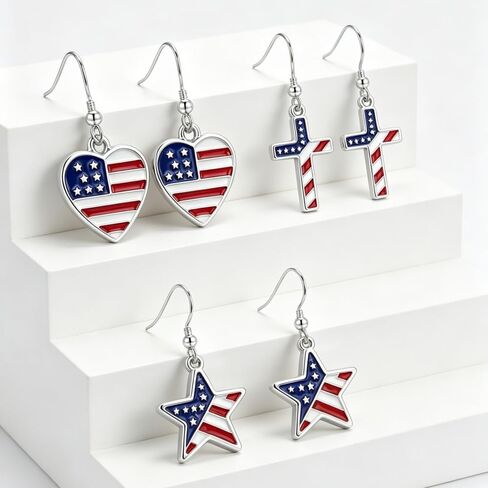 3 Pairs 4th of July Patriotic Earrings Set for Women Heart Star Cross American Flag Dangle Earrings, Red White Blue USA Themed Jewelry Gifts for Independence Day Veterans Day in Saudi Arabia