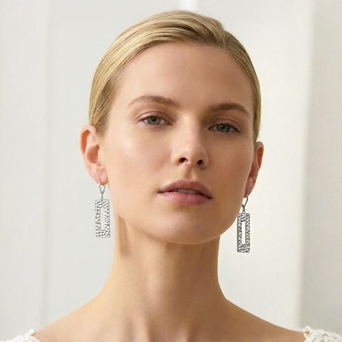 925 Sterling Silver Posts Dangle Earrings for Women, Geometric Drop Earring Hypoallergenic Lightweight, Hammer Rectangle Bar Long Statement Leverback Earing for Women Trendy Jewelry Gifts in Kuwait