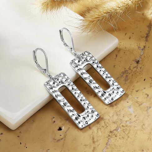925 Sterling Silver Posts Dangle Earrings for Women, Geometric Drop Earring Hypoallergenic Lightweight, Hammer Rectangle Bar Long Statement Leverback Earing for Women Trendy Jewelry Gifts in Kuwait
