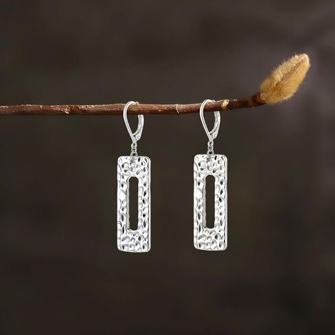 925 Sterling Silver Posts Dangle Earrings for Women, Geometric Drop Earring Hypoallergenic Lightweight, Hammer Rectangle Bar Long Statement Leverback Earing for Women Trendy Jewelry Gifts in Kuwait