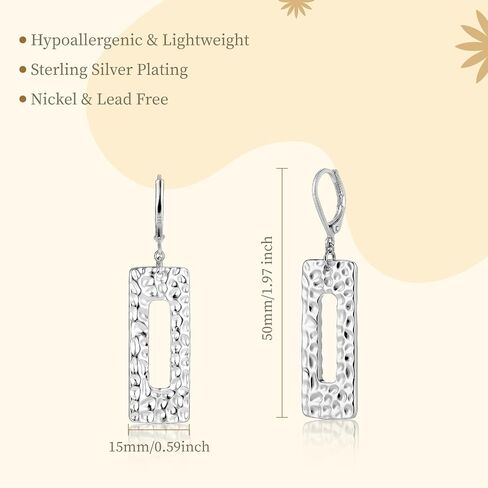 925 Sterling Silver Posts Dangle Earrings for Women, Geometric Drop Earring Hypoallergenic Lightweight, Hammer Rectangle Bar Long Statement Leverback Earing for Women Trendy Jewelry Gifts in Kuwait
